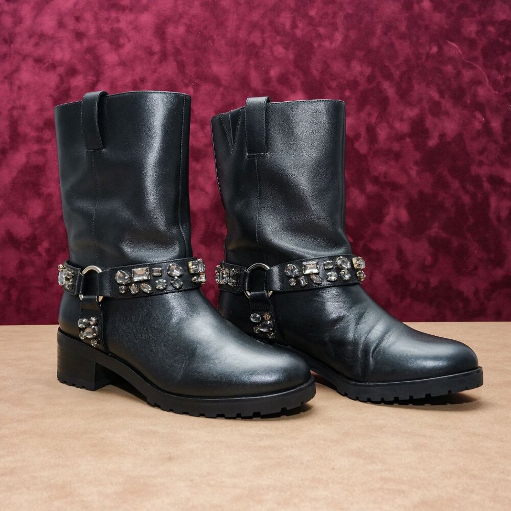 White House Black Market Women Black Leather Moto Biker Gemstones Boots sz 6.5